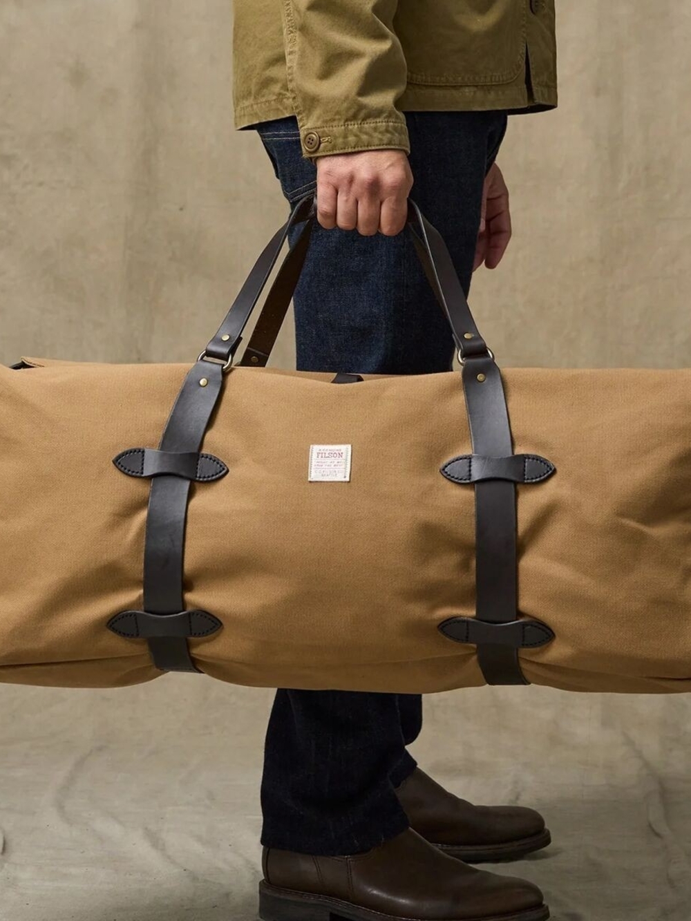 Filson Khaki Canvas Duffel with Dark Brown Leather Straps